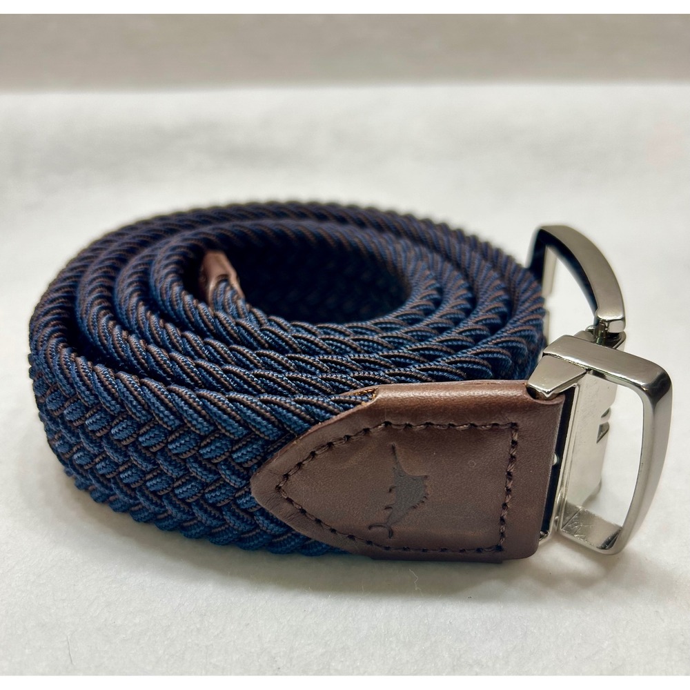 Tommy Bahama Mens Braided Stretch Belt Navy Brown Leather Trim L/XL 11TM030007